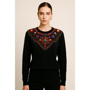 Vintage 1990s Lindsey Blake embellish gems sequins bib style Black sweater women